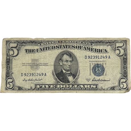 1953 A $5 Blue Seal Silver Certificate