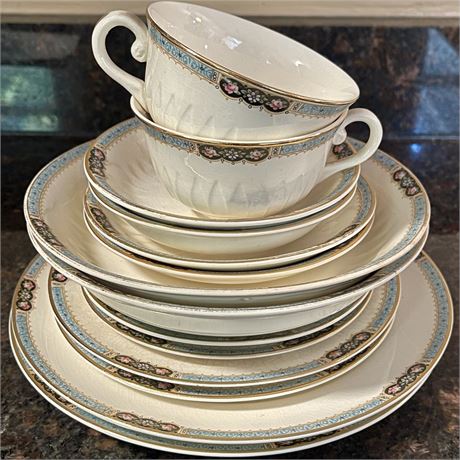 Setting of 2 Antique Fine China Floral Rimmed Dinnerware (14pc)