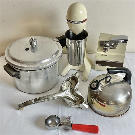 Grouping of Vtg Kitchen Items w/ Milkshake Mixer, Can Opener & Pressure Cooker