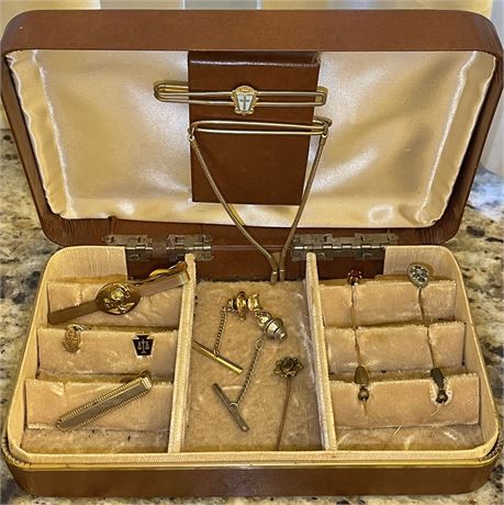 Mid Century Jewelry Box w/ Gold & Silver Toned Tie Clips, Tie Tacks & More