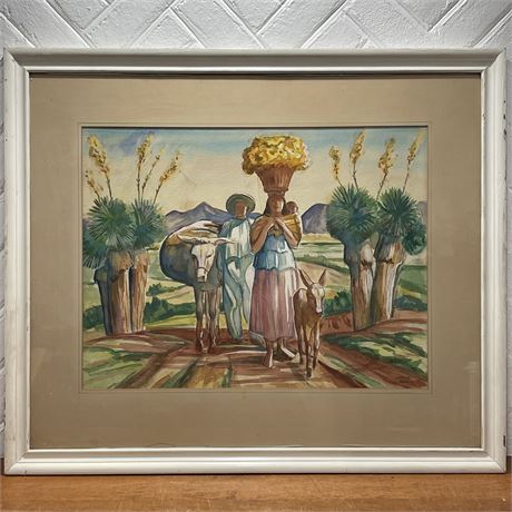 Signed Lorin Black Original Watercolor Mexican Folk Art Piece in Wood Frame