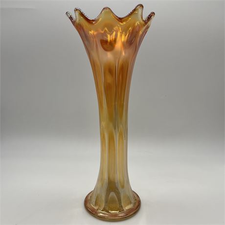 Vtg Swung Carnival Art Glass Elongated Thumbprint Ruffled Rim Vase