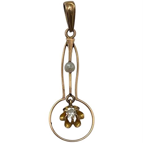 Antique 10K Yellow Gold Pearl & Diamond Pendant