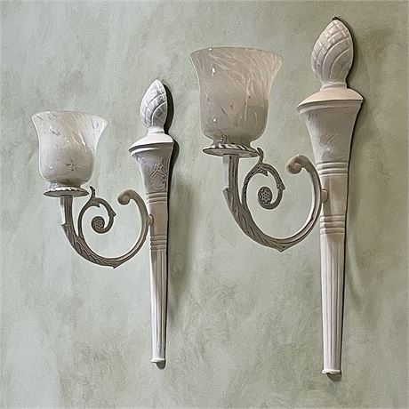 Pair of White Distressed Single Light Wall Sconce Candle Holders