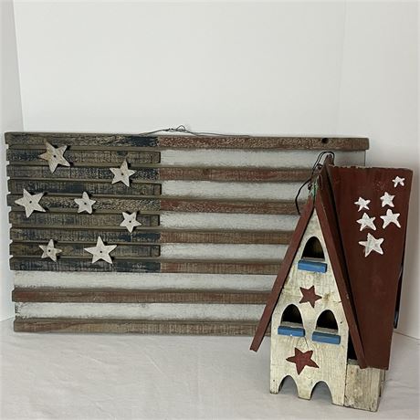 Distressed Wood American Flag Wall Hanging with Bird House