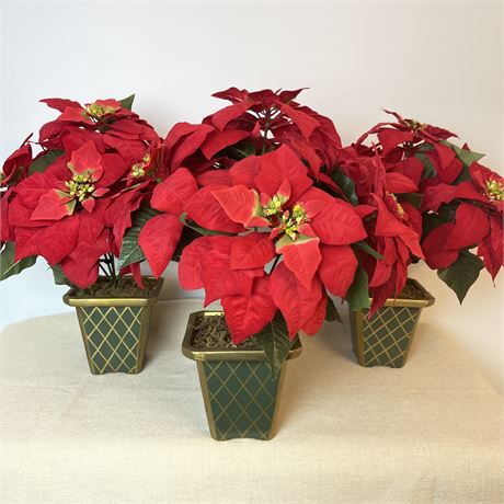 Set of 3 Artificial Poinsettias in Hand-Painted Wood Planters