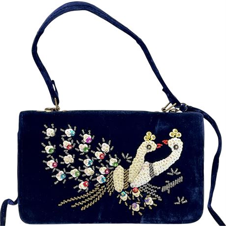 Vtg Beaded Velvet Peacock Motif Crossbody / Handbag