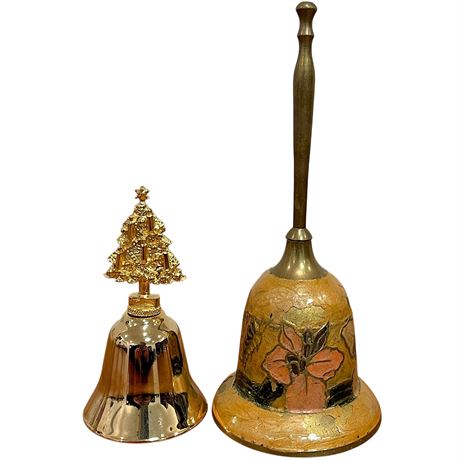 18K Gold Plated Christmas Tree Hand Bell & Cloisonne Enameled Brass Hand Bell