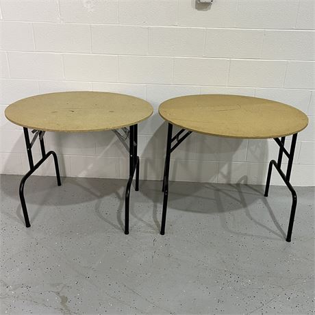 Two 3-foot Round Folding Tables with Particle Board Tops