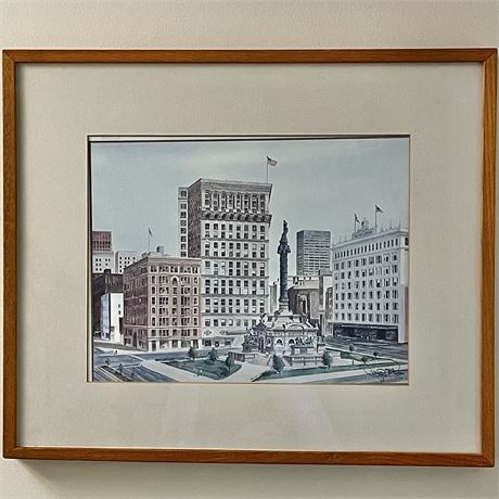 Hand Signed Craig Peterson Public Square in Downtown Cleveland Framed Print