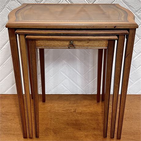 3pc Vtg Nesting Tables w/ Leather Top on Largest Table