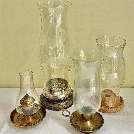 Brass, Silver Plated, & Wood Candle Holders w/ Glass Hurricane Tops