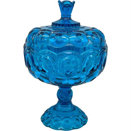 Vtg L.E. Smith 'Moon and Stars' Blue Glass Lidded Compote Dish