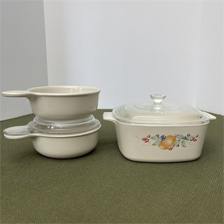 Abundance Fruit Corning Ware Casserole Dish and 2 Grab-it Bowls (1 Lidded)