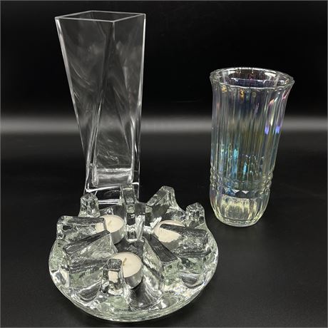 Chantal Art Crystal Tea Light Holder with Crystal Twist Vase and Iridescent Vase