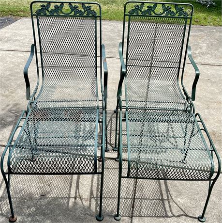 Green Wrought Iron Patio Armchairs with Footstools