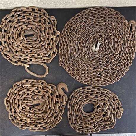 (4) Antique Cast Iron Heavy Duty Pull Chains w/ Hooks & Other Hardware