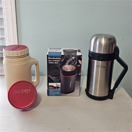 Travel Drink Carriers (2) Thermos & (1) NIB Coffee Stirring Mug