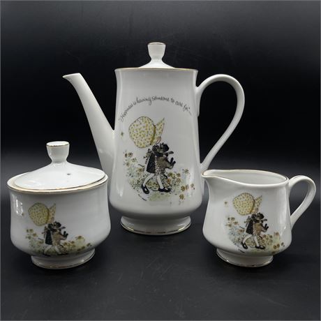 Vintage Holly Hobbie Coffee Pot with Cream and Sugar Dishes