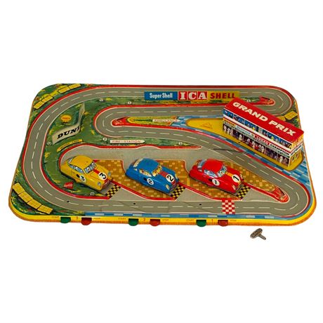 50's Technofix W. Germany Wind-up Grand Prix 302 Tinplate Racing Game