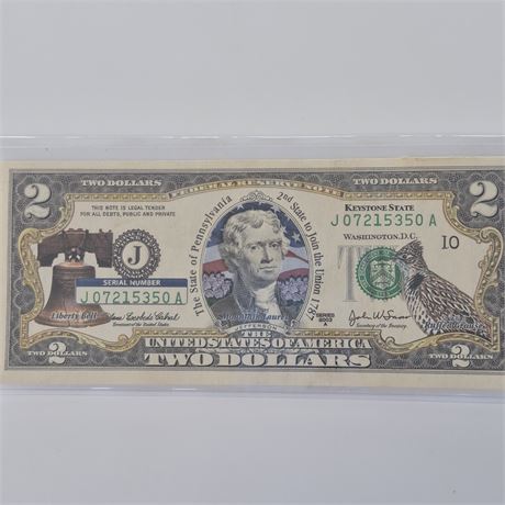 2003 PA Colorized $2 Bill UNCIRCULATED
