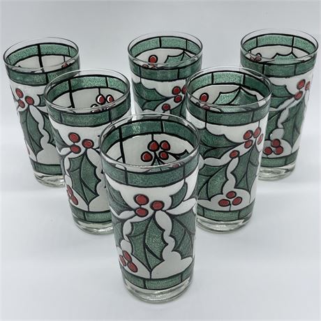 (6) West Virginia Stained Glass Holly Berry Glasses