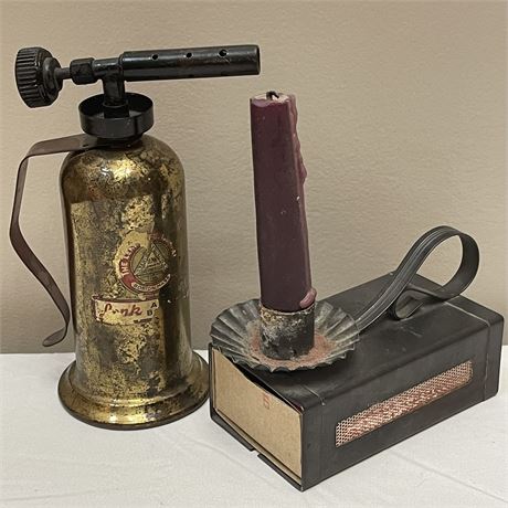 Antique Brass Mini Lenk Blow Torch with Antique Matchbox Candle Holder