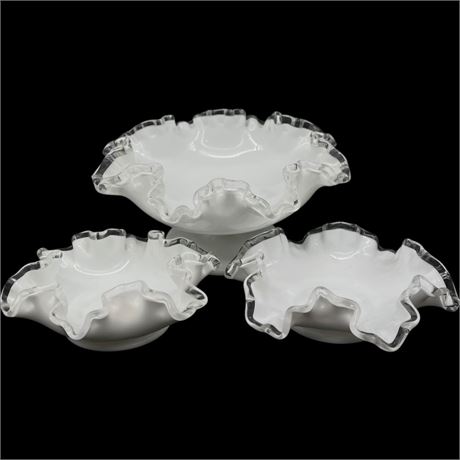 Trio of Fenton Milk Glass Ruffled Bowls