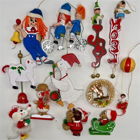Vtg Handmade Wooden Miniature Ornaments w/ Raggedy Ann Ornaments & More