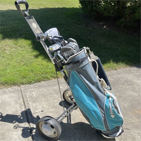 Burton Golf Bag w/ 2-Wheel Push Cart & Misc Right Handed Clubs