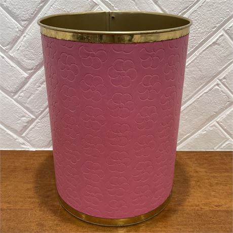Vintage Quilted Vinyl Floral Pink Waste Basket with Metal Rim