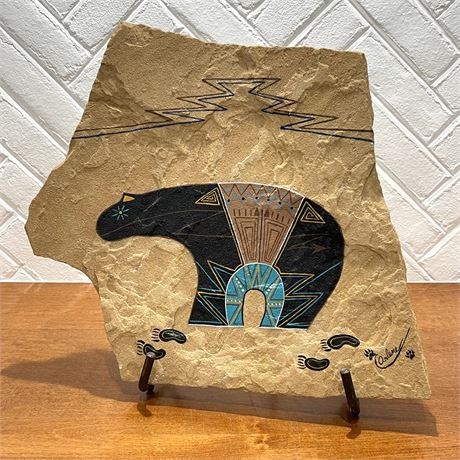 Hand Painted Navajo Bear on Stone Tile with Stand