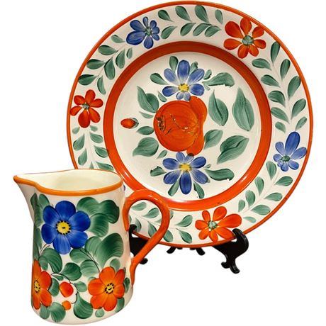 Vtg Hand-Painted Czechoslovakian Ceramic Pitcher & Plate