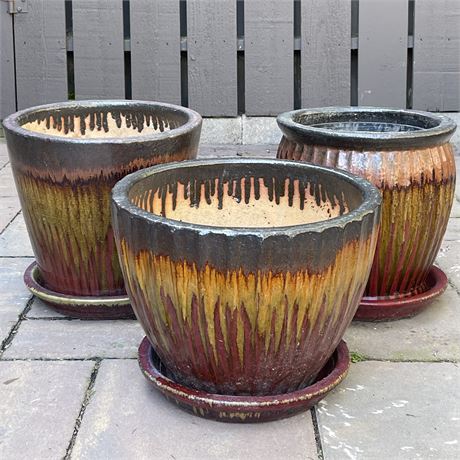 Three Coordinated Large Drip Glaze Earthenware Terracotta Pots w/ Drip Trays