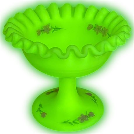 Fenton Custard Uranium Glass Signed Wilcox Painted Pink Blossoms Ruffled Compote