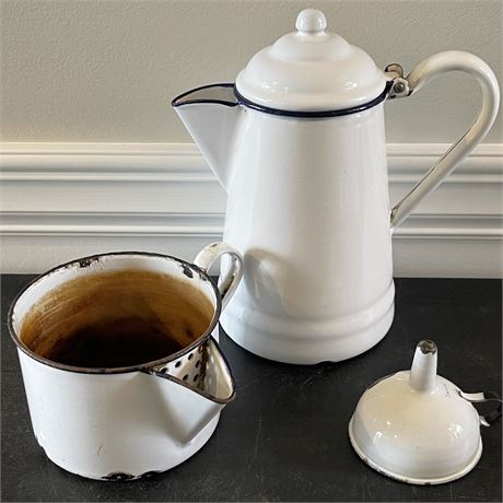 Vtg Enamelware Blue Trim Coffee Kettle, Pitcher & Funnel