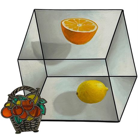 Original Martin Boyle Oil Painting w/ Stained Glass Fruit Basket Votive Holder