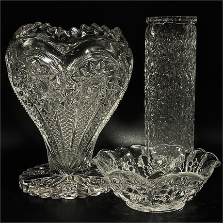 Imperial Glass Zippered Heart Flower Vase w/ Pressed Glass Vase and Serving Bowl