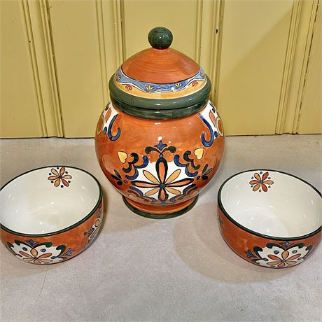 Maxcera Mexicana Hand-Painted Lidded Canister & 2 Bowls