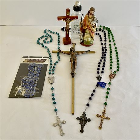 Religious Lot with (2) Crucifix, Rosaries, Figurine & Holy Water Glass Jar