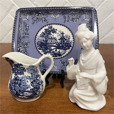 Vtg Oriental Royal Staffordshire Pitcher, Daher Tin Tray & Enesco Figurine