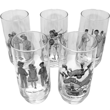 (5) Vtg Norman Rockwell Libbey Drinking Glasses