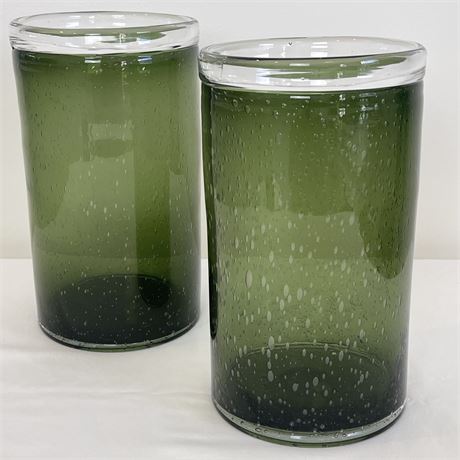 Pair of Large Threshold Green Hurricane Vases