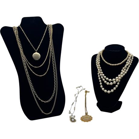 Vtg Buffalo Nickel Necklace, Silver Toned Locket on Chain & Faux Pearl Necklaces