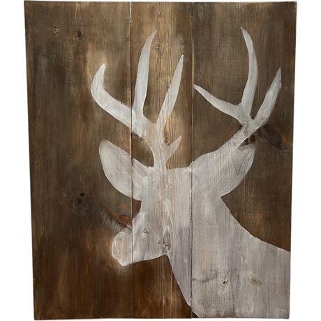 Rustic Hand-Painted Deer Head on Wooden Planks