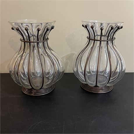 Pair of Glass and Iron Pillar Candle Holders