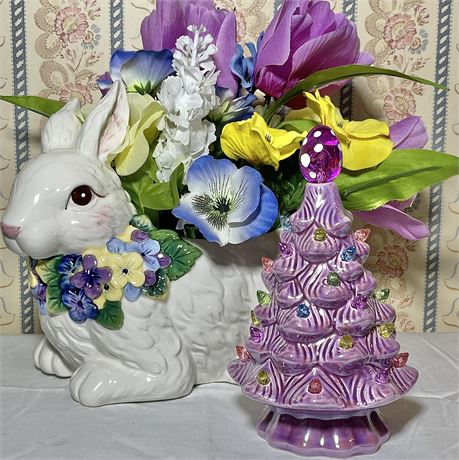 Lighted Easter Egg Tree & Ceramic Bunny Planter with Artificial Flowers