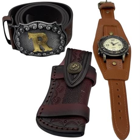 Western-Style Belt Buckle, Folding Knife Sheath & Watch w/ Leather Cuff Band