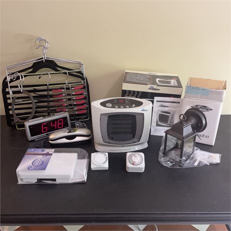 Household Lot with Alarm Clock, Door Chimes, Heater and more