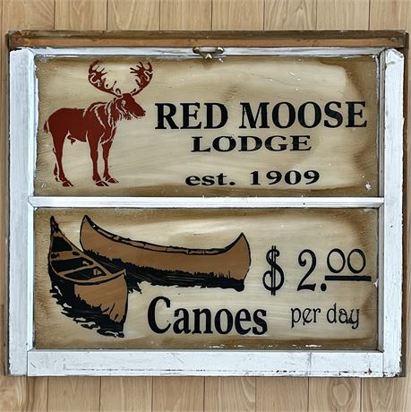 Painted Glass Panels Window Frame "Red Moose Lodge" Rustic Wall Decor